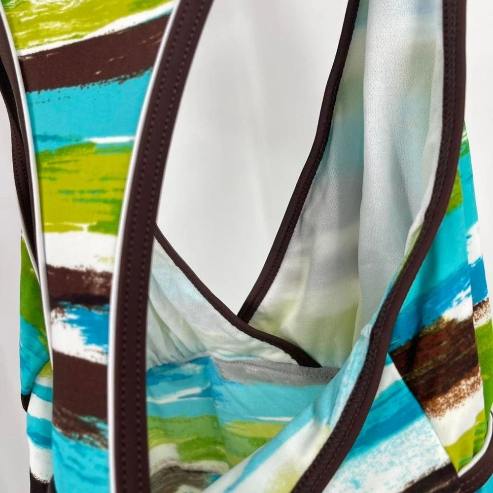 Y2K Striped Halter‎ Tankini Swim Top Brown Green Boho Beachy Tropical Small
